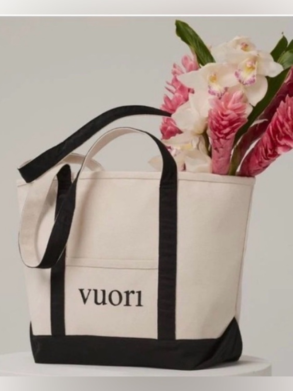 Vuori Cream and Black Canvas Market Tote